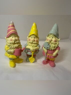 Set of 3 Pastel Garden Gnome Figurines - Yellow, Pink, Mint